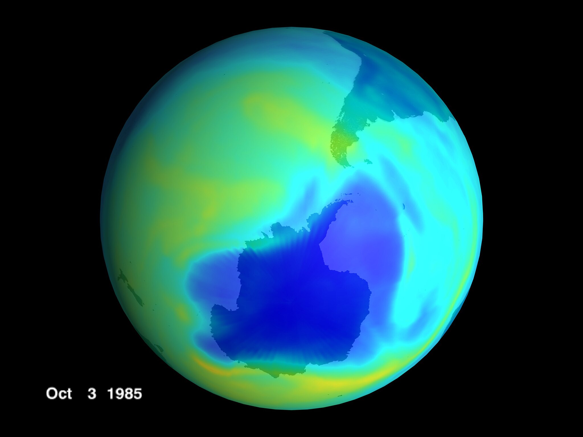 Satellitfotot illustrerar det största ozonhålet i stratosfären 1985. Foto: NASA/Goddard Space Flight Center Scientific Visualization Studio