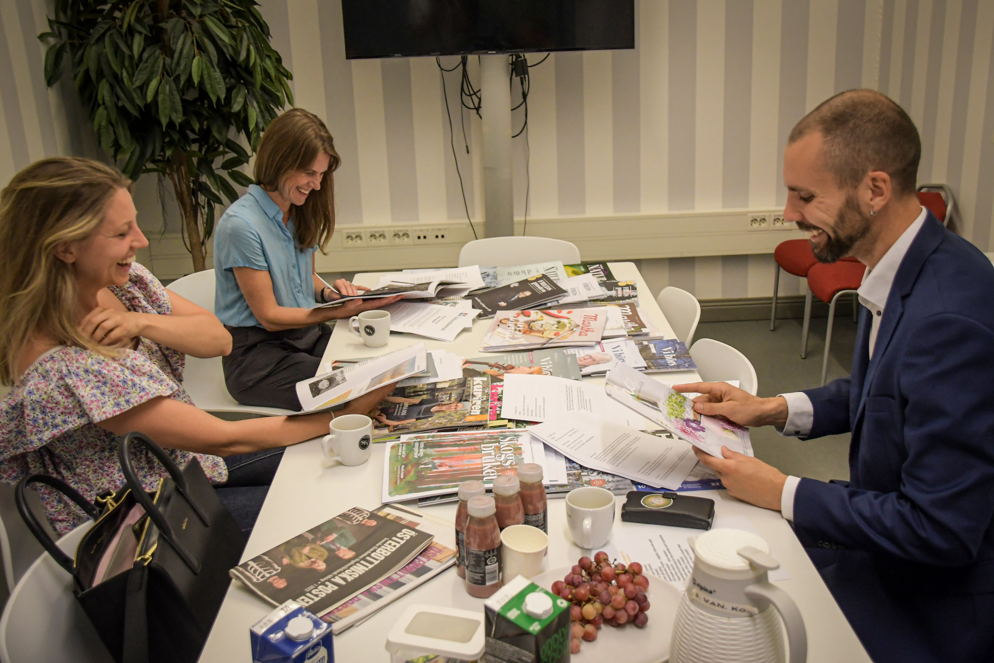 Juryn, som bestod av kommunikatören Maja-Stina Andersson, riksdagsledamoten Johan Kvarnström (SDP) och grafikern Jenny Lucander premierade Finlands Natur på torsdagen. Foto: Förbundsarenan