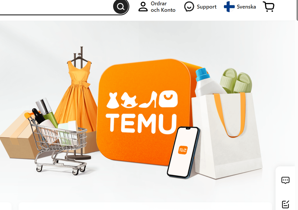 Den kinesiska e-handelsplattformen Temu st&aring;r f&ouml;r merparten av n&auml;thandeln med krimskrams. Foto: Sk&auml;rmdump