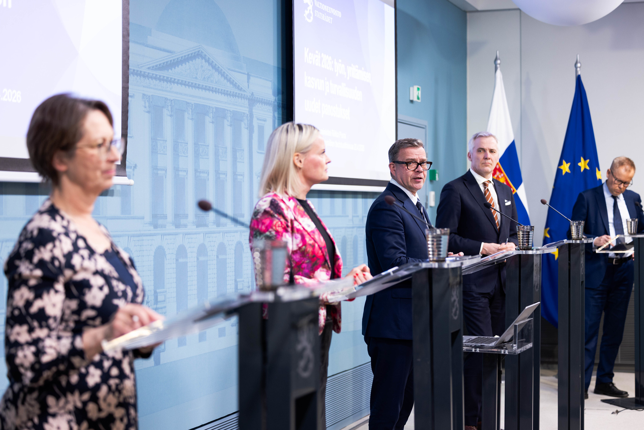 Regeringen kommenterade utfallet av budgetf&ouml;rhandlingarna p&aring; onsdag kv&auml;ll. Foto: Aapo Riihim&auml;ki / Statsr&aring;dets kansli